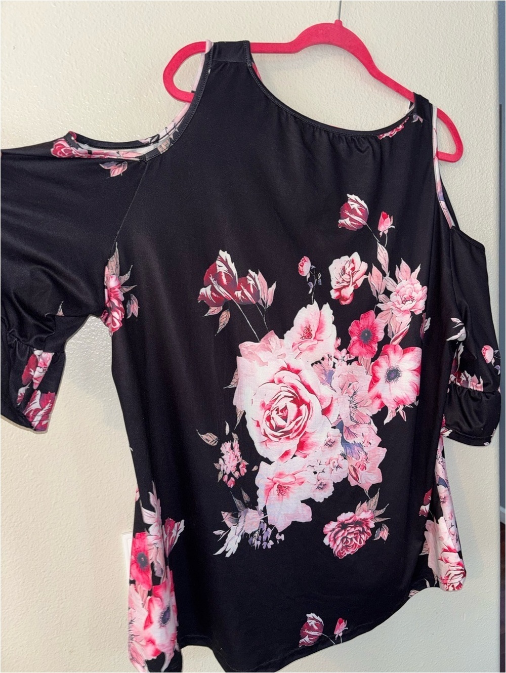Black Pink Floral Cold Shoulder Ruffle Sleeve Top Plus Size 5XL